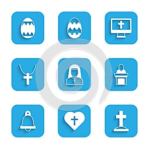 Set Nun, Christian cross in heart, Grave with, Church pastor preaching, bell, on chain, monitor and Easter egg icon