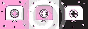 Set Nurse hat with cross icon isolated on pink and white, black background. Medical nurse cap sign. Vector Illustration