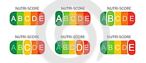 Set of Nutri-Score labels with classification letters isolated on white background. Nutritional quality of foods