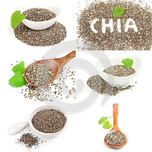 Set of nutritious chia seeds isolated on white