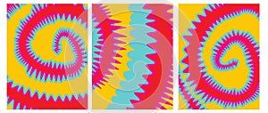 Set o 3 Tie Dye Vector Layouts. Vibrant Colors Abstract Hippie Style Design.