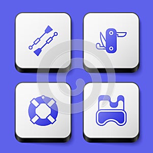 Set Oars or paddles boat, Swiss army knife, Lifebuoy and Diving mask icon. White square button. Vector