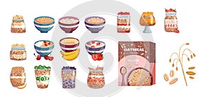 Set Oatmeal Breakfast, Porridge, Oat Flakes In Box, Bowl With Fruit and Berries in Milk, Jar Of Granola. Healthy Food
