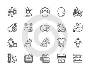 Set of Obesity and Overweight Line Icons. Fat Face, Junk Food, Diet and more.