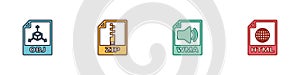 Set OBJ file document, ZIP, WMA and HTML icon. Vector