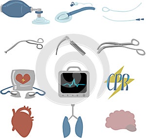 Set of objects for cardiopulmonary resuscitation. Urgent Care. Medical equipment. Defibrillator, ECG, ambu bag, catheter and more