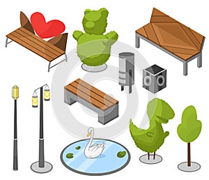 Set of objects city park with architecture, landscape garden isometric vector. Trees, fences, monuments, fountain, pond