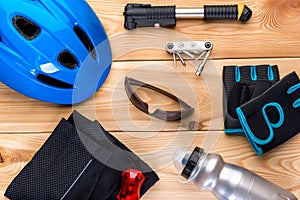 set of objects for cycling on wooden boards