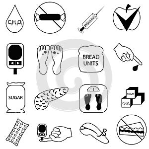 Set of objects for diabetics. Glucose control, diet with counting of bread units. Medical vector icons