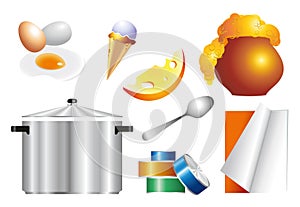 Set of objects and food for the kitchen