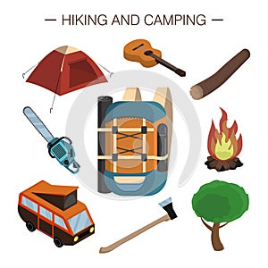 Set of objects of hiking and camping. Vector isometric 3D illustration. Collection of Isolated icons on white background