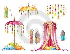 Set of objects for a mehndi party, watercolor painting