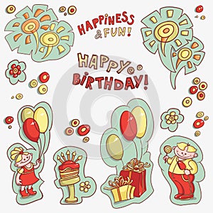 Set of objects for postcards, greetings happy birthday, happiness and fun