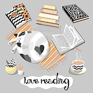 Set with objects on the theme Love reading. Isolated on gray background. Cat, books, notebook, cup of tea or coffee, cute home pla