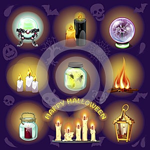 The set of objects for witchcraft and spiritualistic seances on purple background. A poster on the theme of the holiday