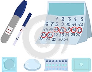 Set of objects for women`s health. Reproduction and contraception. Pregnancy and menstruation. Pregnancy test, calendar and pills