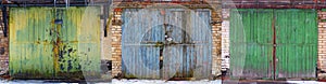 Set of obsolete worn out wear old fashion car garage wooden gates background abstract pattern texture. Antique automobile old wood