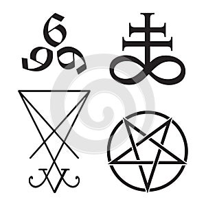 Un impostato composto da occulto simboli attraverso, un 666 numero da l'animale dipinto a mano bianco e nero isolato 