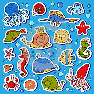 Set of ocean animals, stickers of fish