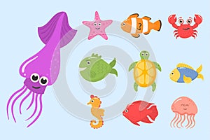 Set ocean animals, underwater creatures, sea fish.