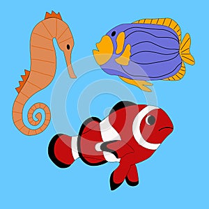 Set of ocean fish on a blue background