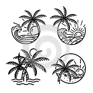set ocean wave tropical island and palm tree logo line art