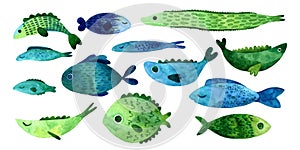 Set of oceanic watercolor fish. Blue and green cute fishes isolated on white background. clipart collection. Hand