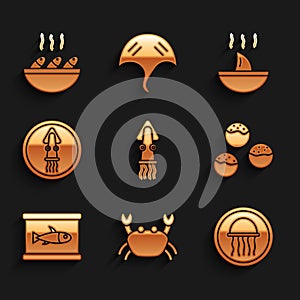 Set Octopus, Crab, Jellyfish on plate, Takoyaki, Canned, Shark fin soup and Fish icon. Vector