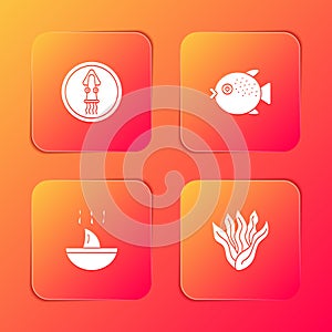 Set Octopus on a plate, Puffer fish, Shark fin soup and Seaweed icon. Vector