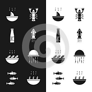 Set Octopus, Sauce bottle, Shark fin soup, Lobster, Fish, Jellyfish, Soup with shrimps and Fishes icon. Vector