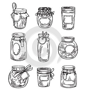 Set od hand drawn mason jars with jam, vector illustration