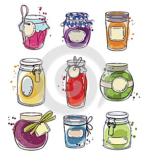 Set od hand drawn mason jars with jam, vector illustration