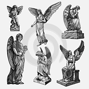 Set off Crying praying Angels sculptures with wings. Monochrome illustration of the statues of an angel. Isolated