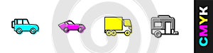 Set Off road car, Car, Delivery cargo truck and Rv Camping trailer icon. Vector