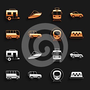Set Off road car, Car, Taxi roof, Train and railway, Bus, Tram, Rv Camping trailer and Speedboat icon. Vector