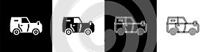 Set Off road car icon isolated on black and white background. Jeep sign. Vector