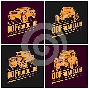 Set of Off-road car logo illustration. Off-road 4x4 extreme car club logo templates. Vector symbols