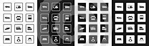 Set Off road car, Trolleybus, Car, Train and railway, Rv Camping trailer, Cruise ship and Speedboat icon. Vector