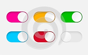 Set of On and Off toggle switch buttons.Design colorful switch buttons set.Toggle slide for mobile app, social media. vector eps10