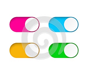 Set of On and Off toggle switch buttons.Design colorful switch buttons set.Toggle slide for mobile app, social media. vector eps10