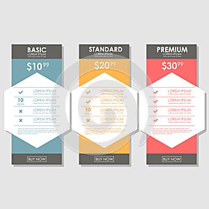 Set offer tariffs. ui ux vector banner for web app. set pricing table, order, box, button, list with plan for website in
