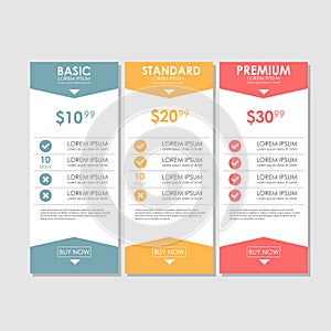 Set offer tariffs. ui ux vector banner for web app. set pricing table, order, box, button, list with plan for website in