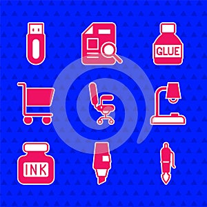 Set Office chair, Marker pen, Fountain nib, Table lamp, Inkwell, Shopping cart, Glue and USB flash drive icon. Vector