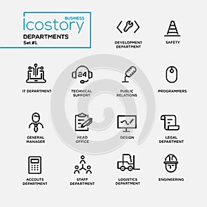Set of office departments line flat design icons and pictograms.