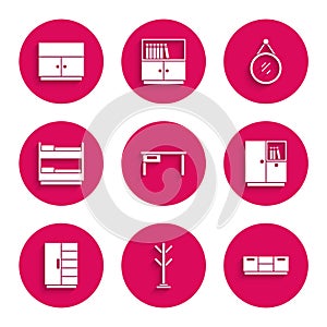 Set Office desk, Coat stand, Furniture nightstand, Wardrobe, Bunk bed, Mirror and icon. Vector