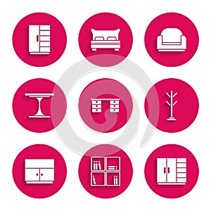 Set Office desk, Shelf with books, Wardrobe, Coat stand, Round table, Armchair and icon. Vector