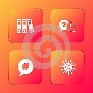 Set Office folders, Question and Exclamation, Hashtag speech bubble and Bacteria icon. Vector