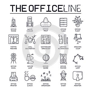 Set of office interior thin line icons, pictograms.