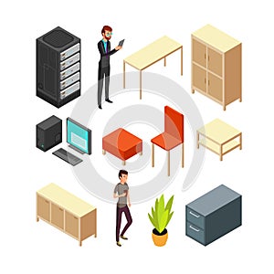 Set of office isometric icons. Server rack, table, armchair, computer, table, cupboard