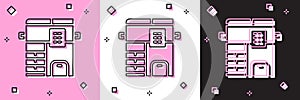 Set Office multifunction printer copy machine icon isolated on pink and white, black background. Vector